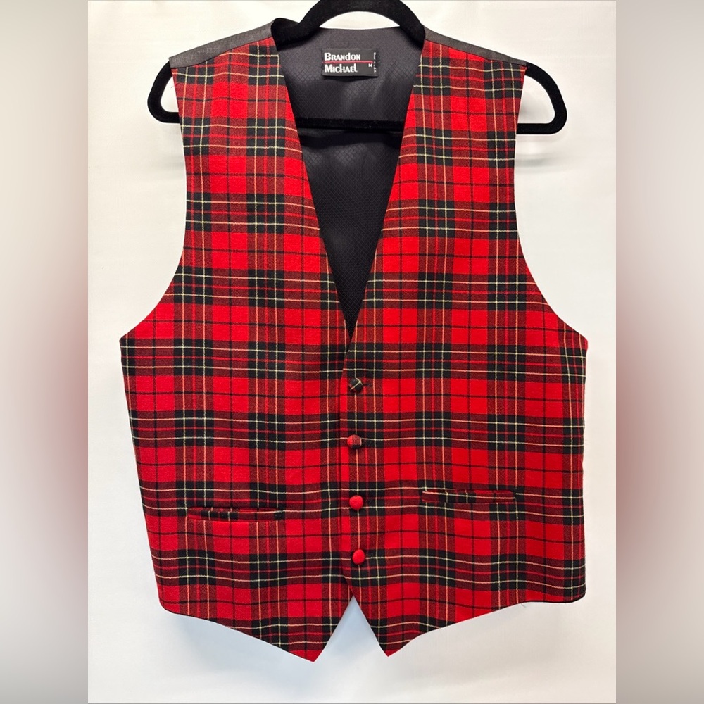 NWOT Brandon Michael Men Red Tartan Plaid Vest Tuxedo Formal Waistcoat Sz M Wool